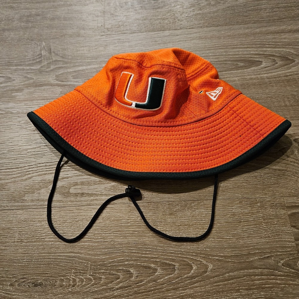 Miami Hurricanes New Era Bucket Hat Orange Green Boonie Chin Strap NCAA Canes